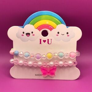 Cute Colorful 2 Piece Bracelet Set with Resin Pink Glitter Butterfly